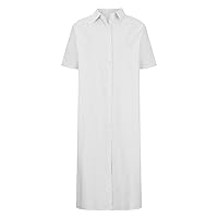 Women's Cotton Linen V Neck Button Down Shirt Dress Roll Up Sleeve Casual Summer Sundress Beach Flowy Dresses 2024