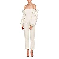 Women's Off Shoulder Jumpsuits Evening Dresses with Detachable Skirt Long Sleeves Satin Prom Gowns Pants Ivory