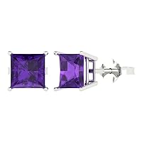 3.0 ct Brilliant Princess Cut Solitaire Natural Amethyst Pair of Stud Everyday Earrings Solid 18K White Gold Push Back