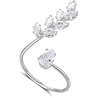Silver Statement Rings for Women, Fashion Adjustable CZ Crystal Opening Leaf Shape Ring Cocktail Wedding Costume Accessory Gifts for Her