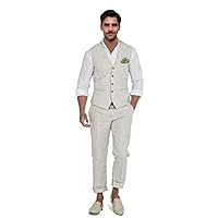 Men's Linen Suits 2 Piece Slim Fit Suit Prom Beach Wedding Groomsman Vest Pants Set Casual Summer Linen Outfit