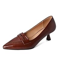TinaCus Women's Genuine Leather Handmade Pointed Toe Slip On Mid Kitten Heel Office Loafers Pumps Shoes