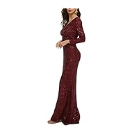 Women's V Neck Long Sleeve Sequin Bodycon Mermaid Evening Dress (Color : Red, Size : 3X-Large)