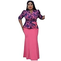 New Women's African Large Mom's Christmas Print Fishtail Dress with 3/4 Sleeves and Floor Length Skirt