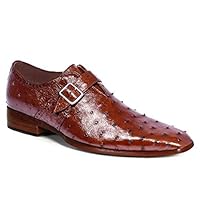 Handmade Men's Monk Strap Shoes in Brown Ostrich Leather