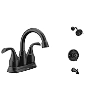 Moen Idora Matte Black Two-Handle Centerset Bathroom Sink Faucet with Drain Assembly, 84115BL + Moen Idora Matte Black Posi-Temp Tub and Shower with Valve Included, 82115BL