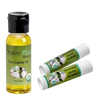 100% Pure Organic Jojoba Oil. Travel Size 1 oz plus 2 Pack Organic Unscented Lip Balms with over 70% Jojoba Oil. 100% Natural. By Desert Oasis Skincare (1 fl oz/29 ml)