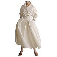 Ladyful Elegant Cotton Shirt Dress for Women A-line Long Sleeve Maxi Dress