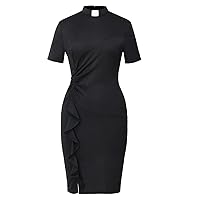 BLESSUME Church Clergy Women Tab Collar Dress Black Short Sleeve Mass Pencil Dress