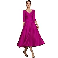 Women's V Neck 3/4 Sleeve Evening Dresses Tea-Length Formal Party Gowns Magenta