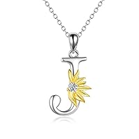 J Letter Script Name Pendant Necklace for Women Girls Boys Sterling Silver Initial Alphabet Sunflower