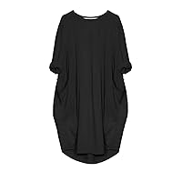 Women Long Sleeves Plus Size Oversize Irregular Dress with Pockets Loose Solid Color Crew Neck Dresses