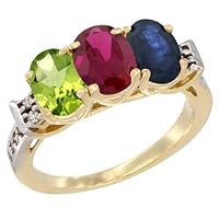 14K Yellow Gold Natural Peridot, Enhanced Ruby & Natural Blue Sapphire Ring 3-Stone Oval 7x5 mm Diamond Accent, Sizes 5-10