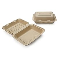 100% Compostable Disposable Food Containers with Lids [9”X6” 50 Pack] Eco-Friendly Take-Out TO-GO Containers, Heavy-Duty, Biodegradable, Unbleached
