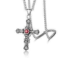 Gothic Men Medieval Red CZ Stone Cross Pendant Necklace Stainless Steel