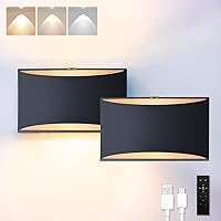 BLUEYE 2Packs Battery Operated Wall Sconce,Remote Control,Soft Warm 2700K-6000K,Cast Aluminum,Rechargeable,50W Equivalent Lamp,No Flicker,600Lumens,Dimmable,Black,Set of Two for Non-Hardwired