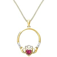Created Heart Cut Ruby 925 Sterling Silver 14K Gold Finish Diamond Claddagh Heart Pendant Necklace for Women's & Girl's