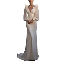 Long Sleeves Wedding Dresses for Bride Mermaid Satin Formal Evening Party Dress with Train