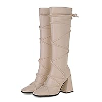 Ladies high Heels Stretch Knee high Boots Ladies Fall Winter Punk Style Boots Shoelace Thick Heel Women's Boots High Heels Thin and Thin Long Knight Boots High Boots