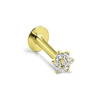 14k Solid Yellow Gold Threadless Push Pin Nose Ring Stud Clear Flower CZ 18G, 16G