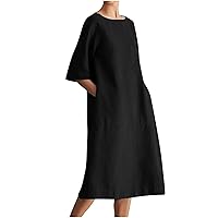 Summer Dresses for Women Casual Cotton Linen Pocket Dress Short Sleeve Crewneck Tunic Dresses Trendy Midi Dundress