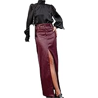 Women's Leather Skirt Split Long Skirt Leather Straight Half Skirt Retro (Color : D, Size : Medium)