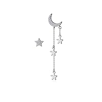 Asymmetrical Star Crescent Moon Stud Earrings Sterling Silver S925 Dainty Sparkling Crystal CZ Dangle Drop Studs Dangling Charm Earrring Hypoallergenic Fashion Jewelry for Women Girls