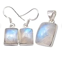 Natural Square Rainbow Moonstone Pendant With Dangle Earring 925 Silver Jewelry