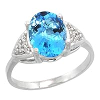 Sterling Silver Diamond Halo Blue Topaz Ring Oval Shape 10X8 mm 2.40 Carats, 3/8 inch (10mm) wide, size 7