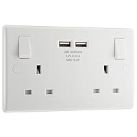 BG Electrical 8223u Double Switched 13 A Fast Charging Power Socket with Two USB Charging Ports, 3.1 A, 5 V, 15.5 W, Round Edge, White