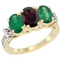 10K Yellow Gold Natural Garnet & Emerald Sides Ring 3-Stone Oval Diamond Accent, sizes 5 - 10