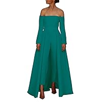 Women's Off Shoulder Jumpsuits Prom Dresses with Detachable Train Long Sleeves Floor Length Evening Gowns Turquoise
