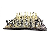 14 Inch Handcrafted Russian Soviet Series Metal Chess Pieces & Board Set With Velvet Storage Box Brass Metal Luxury Chess Set Quad Weighted, Golden