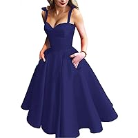 Women's Tea Length Sweetheart Spaghetti Strap Evening Dress Satin with Pockets A Line Prom Dress Dark Blue