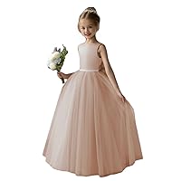 a line Crew Neck Flower Girl Dresses Tulle Ball Gown with Pearls and Satin Bowknot