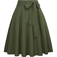 Women Lace Up Midi Skirt Solid Color Vintage A-Line Skirt Pleated Elegant Knee Length Long Skirt High Waist Flare Skirts