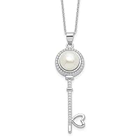 1.2mm 925 Sterling Silver Rhodium Plated Pearl CZ Key With Love Heart With 2inch Extension Necklace 18 Inch Jewelry for Women