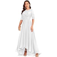 Women's Lace Appliques Half Sleeve Mother of The Bride Dresses for Wedding Scoop Neck Chiffon Evening Formal Party Gowns