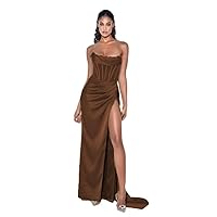 Strapless Satin Mermaid Prom Dresses Long Corset Ruched Formal Evening Party Dress with Slit