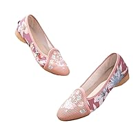 Pointed Toe Vintage Loafers for Women Slip On Pumps with Ethnic Embroidery Ladies Retro Shoes Spring Low Heel Shoe Pink 8.5