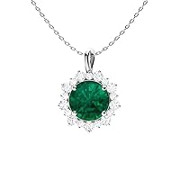 925 Sterling Silver May Birthstone Emerald Round 6.00Mm Halo Accents Pendant For Women