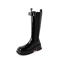 Black and White Leather Knee high Boots Women Autumn and Winter high Heels Platform Boots Shoes Thick Bottom Bow Square Toe Thick Heel high top Knight Boots