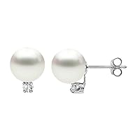 14k White Gold AAAA Quality White Freshwater Cultured Pearl Diamond Stud Earrings for Women - PremiumPearl