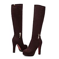 Round Toe Knee-Length high-Heeled Boots Cashmere Platform Over-The-Knee high Boots Fashion Zipper Boots Autumn and Winter Platform high-Heeled Women's Boots Brown 3
