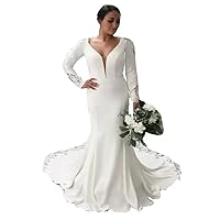 Women's V-Neck Backless Bridal Ball Gowns Train Satin Mermaid Wedding Dresses for Bride Long Sleeve Plus Size