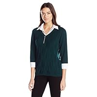 Notations Women's 3/4 Cuff Sleeve Chevrow Sweater with Solid Woven Inset and Necklace, Serene Forest, M