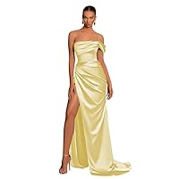 2023 Women’s Off The Shoulder Bridesmaid Wedding Guests Dresses Long Ruched Satin Mermaid Prom Dresses with Slit