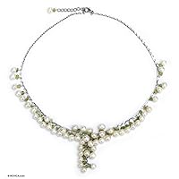 NOVICA Handmade Cultured Freshwater Pearl Peridot Pendant Necklace Stainless Steel Agate Green White Y Thailand Birthstone 'Green Iridescence'