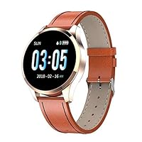 New IP68 Waterproof Fitness Smart Watch Heart Rate Tracker Smartwatch for iPhone Android (Gold - Leather Band)