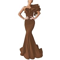 Women's One Shoulder Ruffles Satin Mermaid Prom Dresses Long Ball Gowns Formal Evening Party Gowns